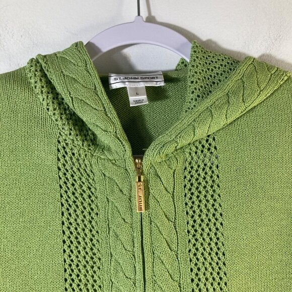 Womens Vintage St John Sport Knit Wool Hooded Zip Cardigan Green L Wool Rayon - Picture 4 of 10